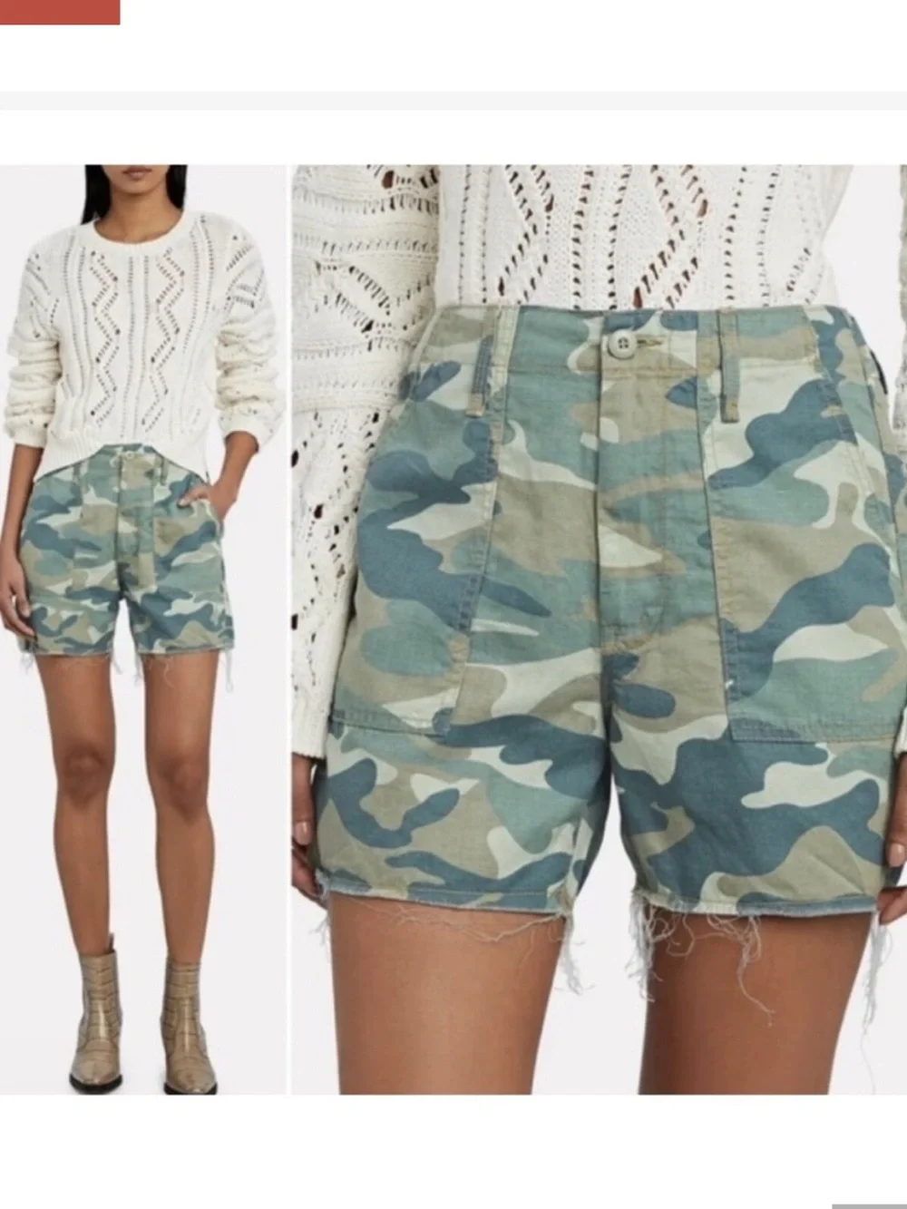 MOTHER Camouflaged High-Rise Frayed Hem Shorts in Green & Tan - Picture 4 of 16